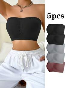 Women Solid Color Pleated Bandeau Bra Set Of 5 - Multicolor - View 6