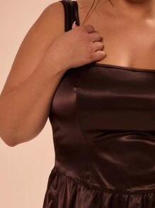 MUSERA Plus Size Satin Square Neck Puffball Mini Dress Outfit For Occasion, Wedding Guest, Summer Vacation, Spring Break, , Races, Formal, Elegant Ibiza, Holiday Flowy, Versitile - Brown - View 5