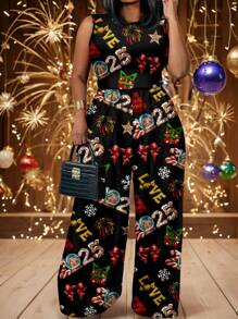 Slaydiva Casual Simple New 2025 Pattern Loose Fit Plus Size Jumpsuit, Suitable For Autumn/Winter - Black - View 2