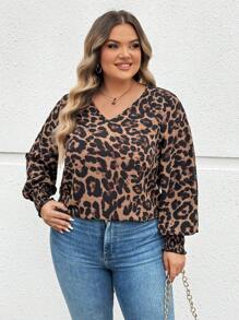 SHEIN LUNE 大码豹纹灯笼袖休闲衬衫，适合秋季新年派对衬衫，优雅的办公服装，大码女士优雅通勤简约时尚百搭畅销衬衫，春夏百搭流行设计时尚日常穿着优雅衬衫女式衬衫 - 棕色 - 查看 6