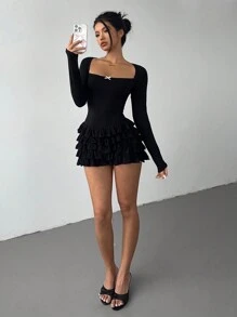 Aloruh Women's Sexy YTK Square Neck  Pink Bow Accent Ruffle Hem Long Sleeve Jumpsuit Long Sleeve Jumpsuit - Black - View 3