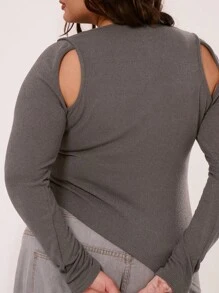 MUSERA 大码薄款针织露臂长袖不对称下摆上衣，适合度假、街头风、日常休闲穿着。 - 深灰色 - 查看 6