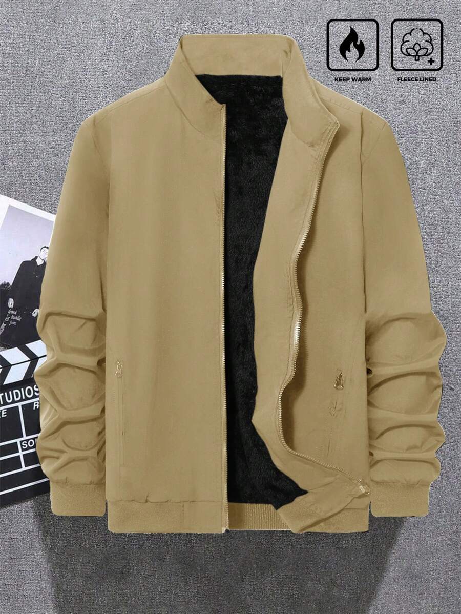 Manfinity Homme 大码男士纯色立领拉链休闲冬季夹克 - 卡其色 - 查看 1