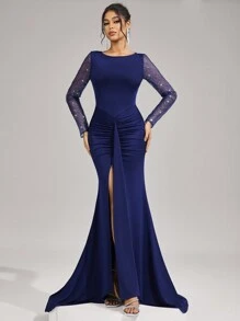 SHEIN Belle 女士优雅纯色长袖礼服，简约别致休闲日常礼服，情人节鸡尾酒礼服，晚会正式派对礼服，秋冬季撞色网眼长袖伴娘礼服，婚礼宾客礼服