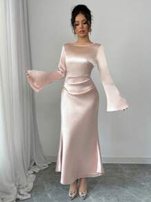Elenzga Women's Solid Color Round Neck Long Sleeve Ruched Waist Maxi Elegant Dress