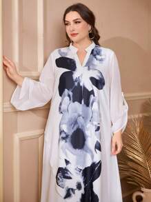 Lacomfia Plus Size Elegant Retro Patchwork Chiffon Position Floral Dress - White - View 3