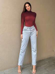 SHEIN Essnce Women's Gradient Color Bodysuit With Stand Collar And Red Long Sleeve - Burgundy - View 3