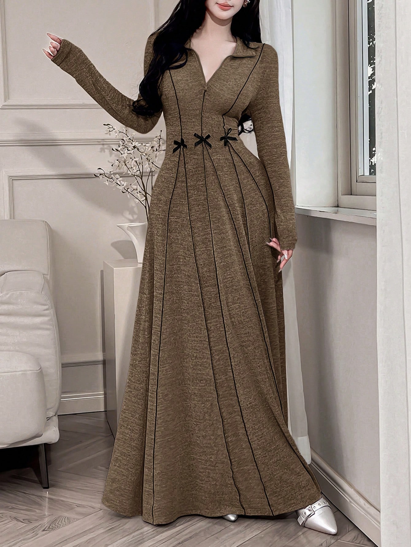 Modelyn فستان عباية طويل للنساء بحزام خصر وعقدة لل...