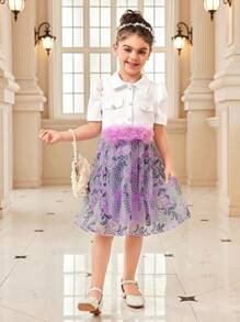 SHEIN Elegant Young Girls 2 Pieces Set:Abaya Vest Jacket Shirt Cardigan,Embroidered Illusion Mesh Overlay Dress,3D Floral Belt,7th Birthday,Summer Events - Multicolor - View 5