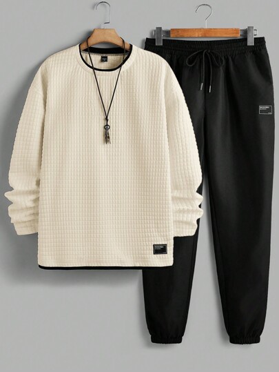 Manfinity VCAY Manfinity Modomio 2pcs Men's Knit Slim Fit Crew Neck Long Sleeve T-Shirt And Elastic Waist Straight Leg Casual Pants Set Men Tracksuit