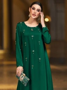 Layrah 女式手工缎面阿拉伯连衣裙，镶嵌水晶钻，橄榄绿色，带金色闪光，朴素的卡夫坦 - 墨綠色 - 查看 1