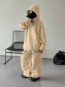 2pcs Tween Boys Casual Korean Style Flocking Fabric Hoodie Sweatshirt And Straight Leg Loose Sweatpants Set, Suitable For Commuting, School, Leisure, Travel, Sports, Spring/Summer/Autumn/Winter