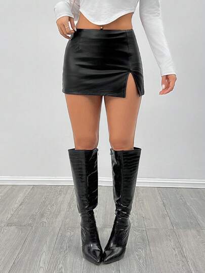 SHEIN PETITE PU High Elastic Leather Low Waist Mini Skirt