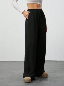 SHEIN Tall 秋季女装、阔腿运动裤、卡其色、低腰裤、舒适裤、休闲裤、宽松裤、女式裤子、棕色裤子、女式下装、街头服饰、冬装 - 黑色 - 查看 4