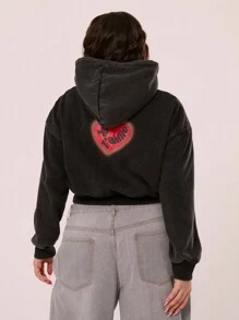 MUSERA Plus Size Washed Print Back Long Sleeve Hoodie For Everyday, Street Style, Streetwear, Cool Girl, Casual, Y2K, 2000'S Style, - Black - View 3