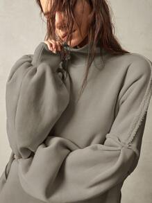 Bohemela 女士休闲纯色针织高领落肩灯笼袖宽松套头运动衫 - 卡其色 - 查看 6