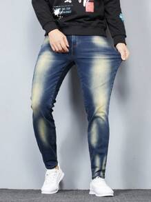 Manfinity Homme 大码男式口袋紧身休闲百搭牛仔裤 - 藍色 - 查看 3