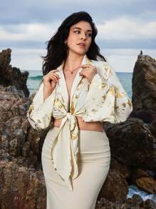 SHEIN VCAY Plus Size Women's Holiday Woven Bell-Sleeve Top With Front Tie Hem, Cropped Shirt - Gold - View 3
