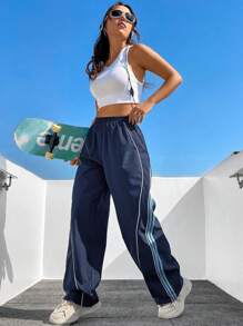 StreetHx Contrast Color Rolled Hem Drawstring Waist Long Pants Fall Cloth For Women - Navy Blue - View 5