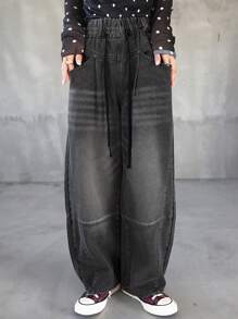FRIFUL Women Casual Distressed Wide-Leg Drawstring Waist Denim Jeans,Baggy Jeans - Black - View 3