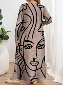 EMERY ROSE Figure Line Art Print Plus Size Long Sleeve Round Neck Dress, Suitable For Autumn/Winter - Multicolor - View 2