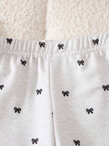 SHEIN Baby Girl Fashionable Sweatshirt With Bow Print & Flared Pants For Spring/Autumn - Grey - View 6