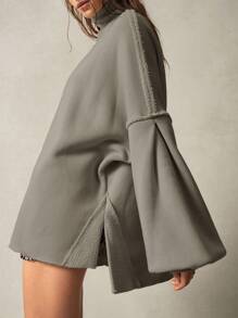 Bohemela 女士休闲纯色针织高领落肩灯笼袖宽松套头运动衫 - 卡其色 - 查看 4