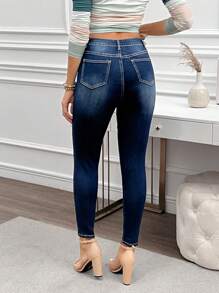 SHEIN LUNE Women's Pocket Design Slim Fit Casual Blue Jeans