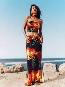 Opulessa 2 件套女士针织网眼印花短款紧身胸衣上衣和高腰裙套装 - 黑色 - 查看 1