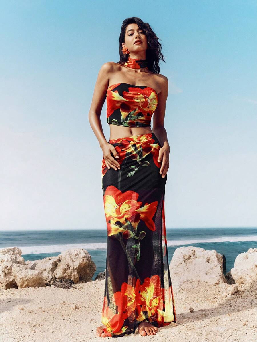 Opulessa 2 件套女士针织网眼印花短款紧身胸衣上衣和高腰裙套装 - 黑色 - 查看 1