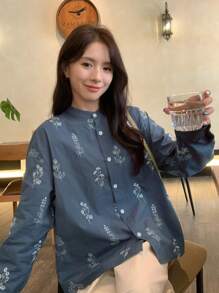 Women Blue Loose Floral Embroidered Shirt, Stand Collar, Spring,Fall Clothes Long Sleeve Top - Navy Blue - View 3