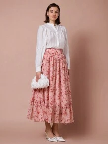 Enchnt Rose Pink Elegant Autumn Tea Party Women's Floral All-Over Print Ruffles Gathered A-Line Casual Skirt,For Valentine's Day& Dinner Dates,Spring - Pink - View 1