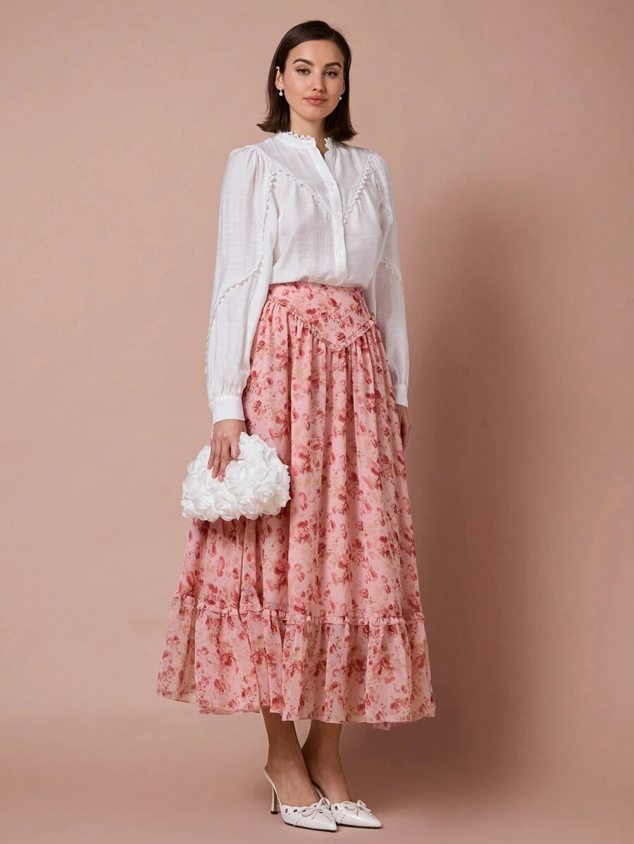 Enchnt Rose Pink Elegant Autumn Tea Party Women's Floral All-Over Print Ruffles Gathered A-Line Casual Skirt,For Valentine's Day& Dinner Dates,Spring - Pink - View 1