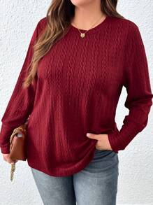 SHEIN LUNE Plus Size Women Solid Color Round Neck Long Sleeve Casual T-Shirt, Autumn - Burgundy - View 3