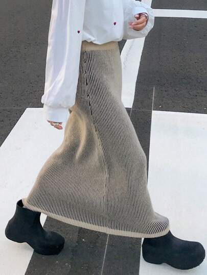 FRIFUL 1pc Women Casual Striped Long Knitted Skirt, Autumn/Winter