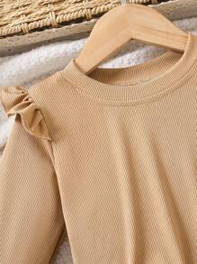 SHEIN Young Girl's Solid Color Splice Round Neck Long Sleeve Casual Dress - Khaki - View 5