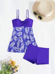 Swim Lushoire Vacation Beach Tropical Print Splicing Spaghetti Strap Swimsuit Set, Random Print Summer - Purple - View 5