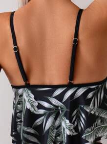 Swim Lushoire Tropical Print Spaghetti Strap Tankini Set, Random Print, Ruffle Trim Summer - Green - View 4