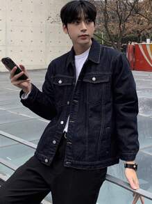 DAZY Men's Plain Blue Denim Jacket For Autumn - Blue - View 5
