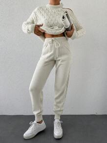 EURMUSE Cable Knit Cut Out Sweater & Drawstring Waist Knit Pants - Beige - View 3
