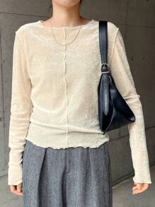 FRIFUL Women Velvet Patchwork Fitted T-Shirt, Solid Color Casual Daily Style Long Sleeve Women Tops,Fall Women Clothes - Apricot - View 6