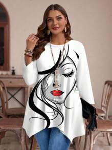 EMERY ROSE Camiseta holgada de mujer con cuello redondo y bajo asimétrico, manga 3/4, talla grande, otoño/invierno