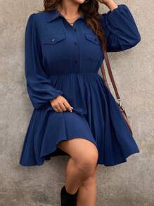 SHEIN LUNE 衬衫款式荷叶边腰部松紧腰大码连衣裙新年服装长袖连衣裙