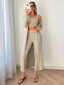 SHEIN Essnce 女式纯色长袖罗纹长开衫搭配短裤和背心三件套秋冬季 - 米色 - 查看 5