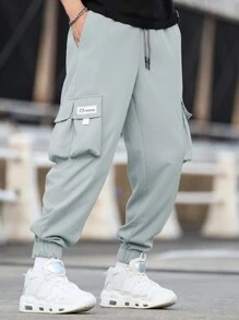 Manfinity Hypemode Men Plus Size Letter Patched Flap Pocket Side Drawstring Waist Cargo Pants, Fall - Dusty Blue - View 6