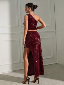 SHEIN Cottnline Sequined One-Shoulder Top With Side Draped Maxi Skirt Matching Set - Burgundy - View 2