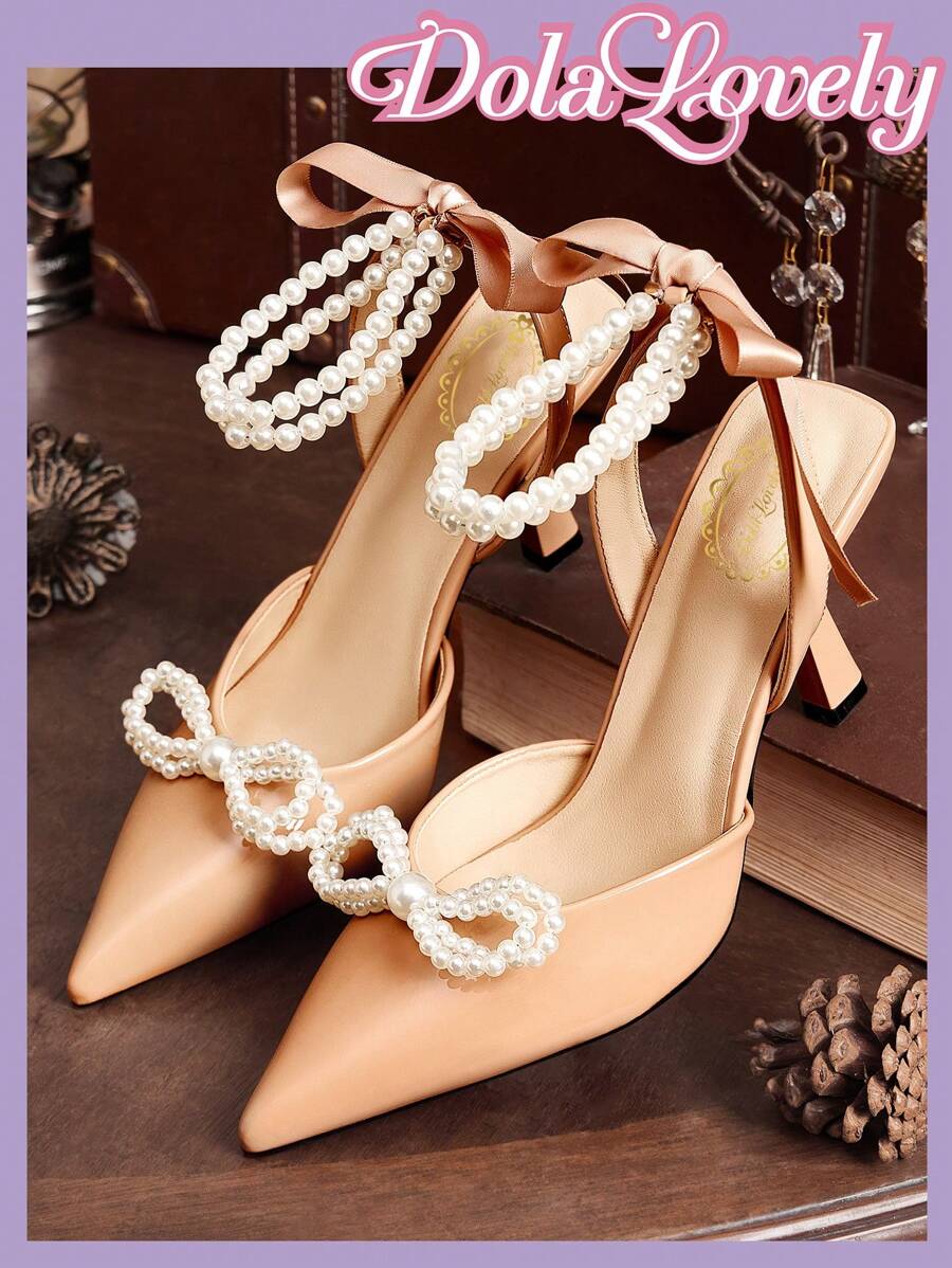 Dola Lovely 女士时尚仿珍珠和蝴蝶结装饰舒适百搭高跟鞋新年假期 - 杏色 - 查看 1