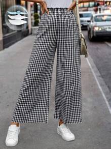 SHEIN Clasi 女款格紋印花紙袋腰休閒寬腿褲-隨機圖案 - 黑與白 - 查看 1