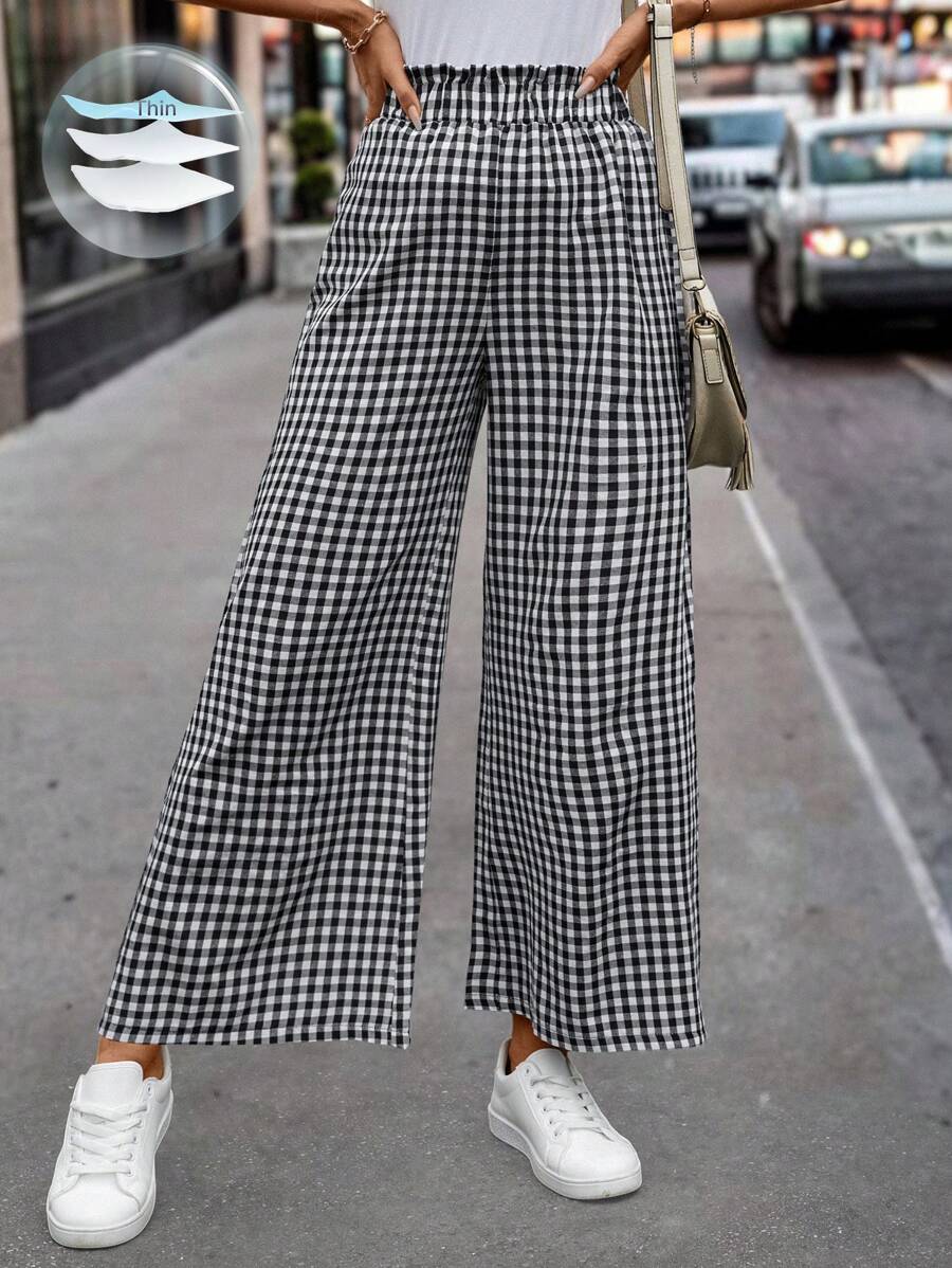 SHEIN Clasi 女款格紋印花紙袋腰休閒寬腿褲-隨機圖案 - 黑與白 - 查看 1