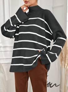 EURMUSE Women's Casual Color Block Striped Stand Collar Bell Sleeve Sweater, Autumn/Winter - Dark Grey - View 4